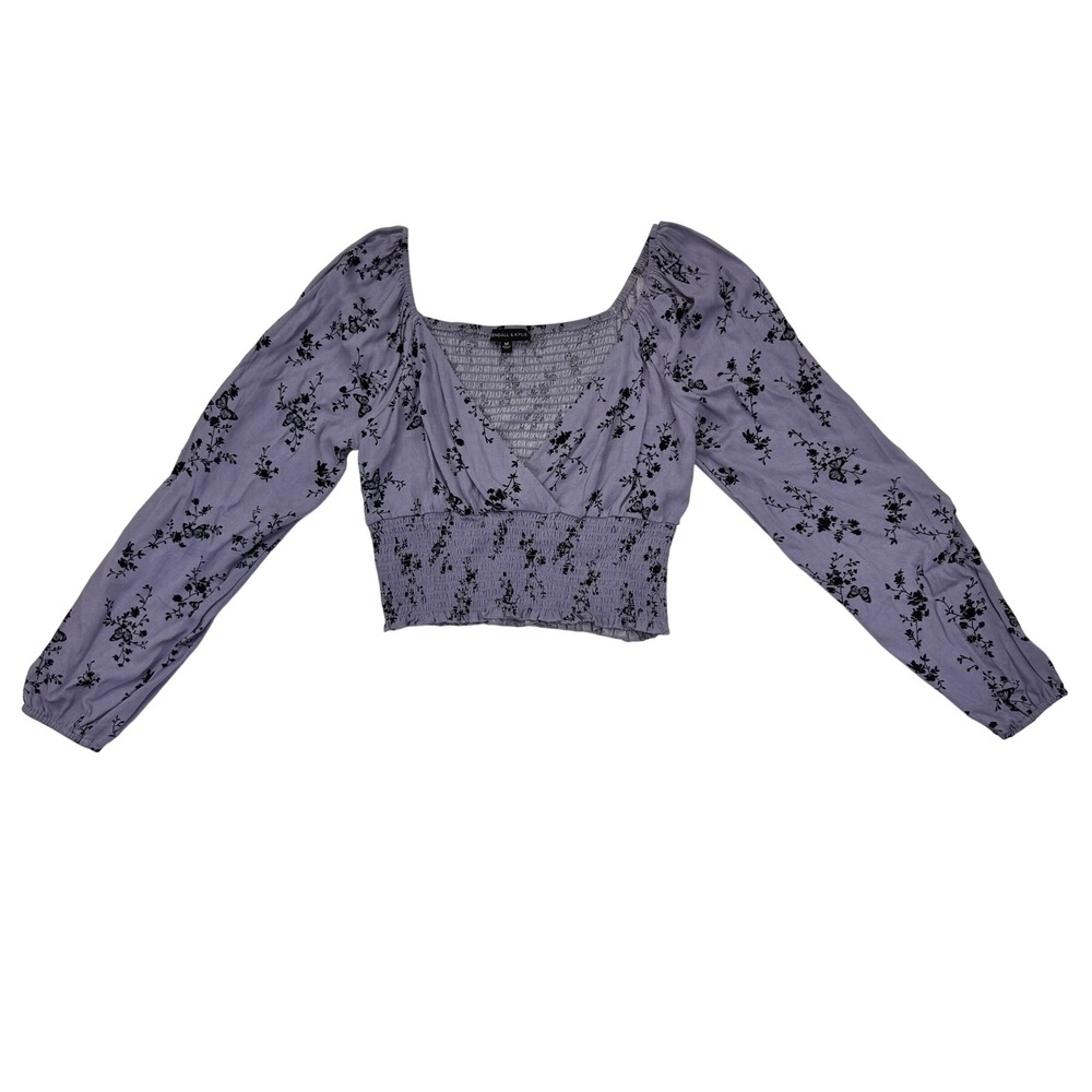 Kendall & Kylie Womens Purple Floral Butterfly Smocked Surplice Crop Top Medium